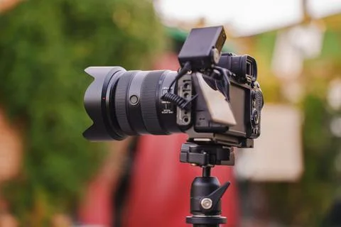 Camera setup in a vibrant outdoor location for capturing moments Stock Photos