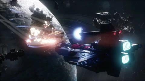 Camera shake walkthrough of the space mining station battle 04 Stock Footage 221111071