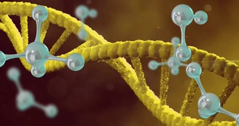 Camera shift causing yellow double helix rotating while cyan molecules drifting, Stock Footage 331125270