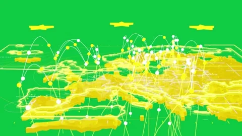 With camera shifting, 3D Europe map showing pulsing arcs beads showing data flow Vídeo Stock 337549743