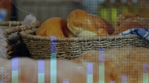 Camera shifting and charts appearing drawing focus onto challah, animated bars Stock Footage 334316410
