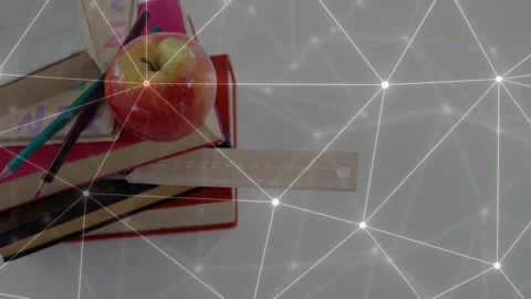 Camera shifting and faint network drifting, white nodes crossing red apple and Stock Footage 334760317