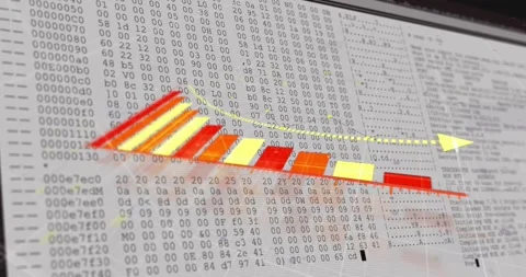 Camera shifting and zooming, 3D chart on red baseline, dotted arrow tracing hex Stock Footage 333833261