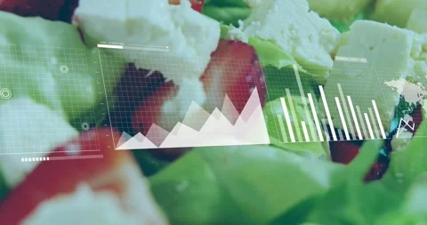 Camera shifting, animated HUD elements appearing over plated salad, visualizing Stockbeeldmateriaal 328224945