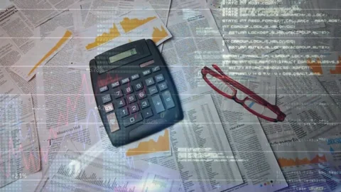 Camera shifting, black calculator rotating at desk, red glasses sliding, Stock Footage 331701119