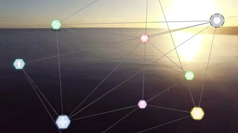 Camera shifting causing network drifting over water, revealing nodes and marking Stock Footage 332978606
