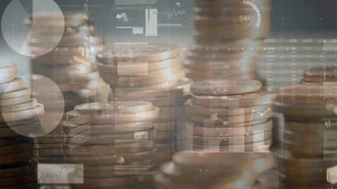 Camera shifting, coin stacks staying while HUD panels sliding and data layering, Stock Footage 335255234