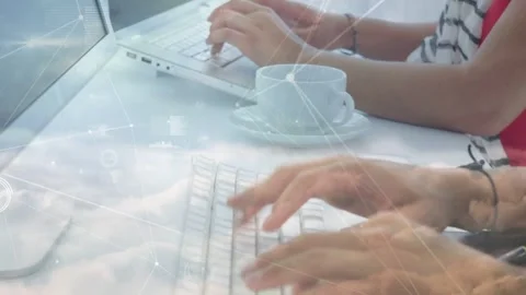 Camera shifting, colleagues typing, clicking on keyboard, cloud overlay reacting Stock Footage 331349949