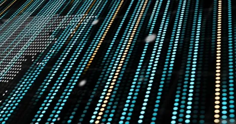 Camera shifting columns down while teal halftone map forming and code overlay Stock Footage 320671298