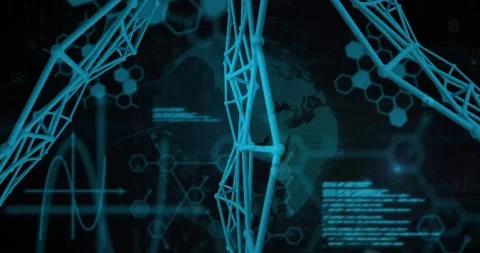 Camera shifting, cyan 3D lattice revealing dotted globe while code scrolling, Stock Footage 329576178