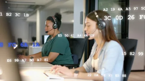 Camera shifting focus, data overlay floating over screens, agents typing, Stock Footage 333689463