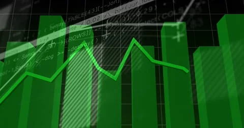 Camera shifting forward right revealing white trend green line tracing 3D bars Stockbeeldmateriaal 330004411