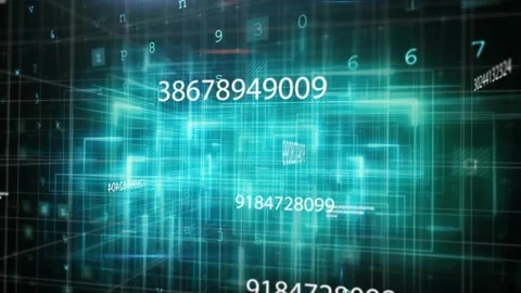 Camera shifting forward rotating teal wire cube pulsing planes stacking numbers Stock Footage 331176105
