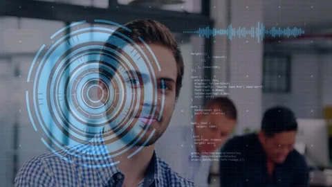 Camera shifting to front man, team leaning, HUD covering face, code and wave Stock Footage 333004762