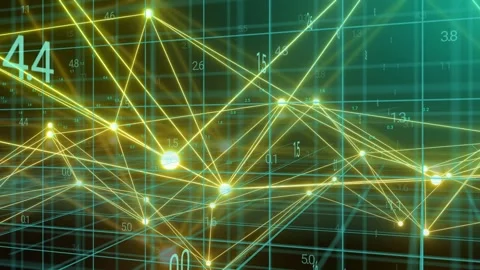 Camera shifting, gold nodes pulsing on teal grid, links reforming, labels Stock Footage 335316887
