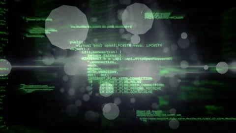 Camera shifting green code converging orbs gathering glowing code window Stock Footage 321161209