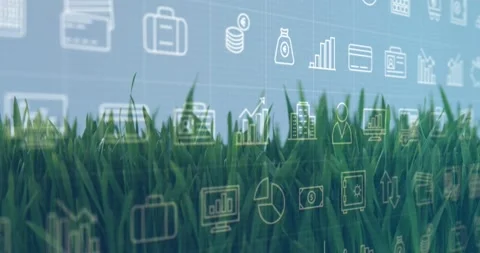 Camera shifting, green grass swaying, finance icons sliding and pulsing, showing Stock Footage 328307327