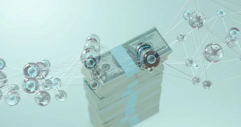 Camera shifting node mesh sweeping over dollar stack with blue strap nodes Video stock 328469552