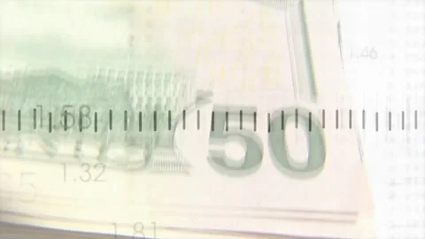 Camera shifting over 50 bill stack, jagged graph rising and falling, numeric Stock Footage 329433698