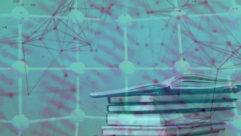 Camera shifting, revealing book stack lower-right teal lattice and purple mesh Stock Footage 334351654