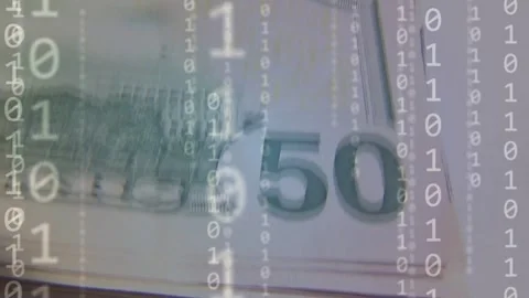 Camera shifting revealing US 50 bills while binary flow falling and nodes Stock Footage 335651982