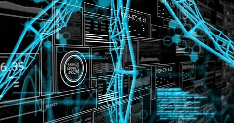 Camera shifting right and back, cyan 3D lattice rotating, pulsing, aligning with Stock Footage 327881767