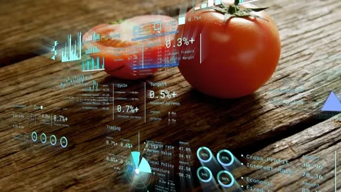 Camera shifting right and back, HUD updating charts and % over wood table Stock Footage 333526482