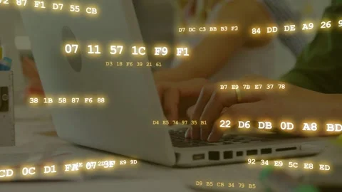 Camera shifting right showing hands, hands typing laptop code under hex overlay Stock Footage 333774804