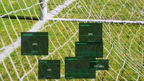 Camera shifting showing goal net while green HUD panels appearing and stacking Stock Footage 333553136