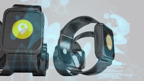 On camera shifting, smartwatches rotating, displaying icons and drifting Видео 312082905