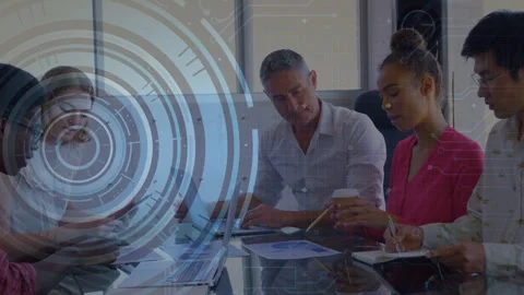 Camera shifting, team leaning and writing while HUD overlay tracking code, Stock Footage 333445671