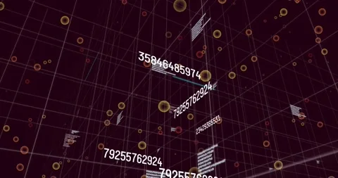Camera shifting upward triggers spheres drifting, number clusters sliding, Stock Footage 317206884