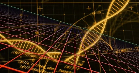 Camera shifting view, grid pulsing, helix forming and rotating with dotted arcs Video stock 320089104