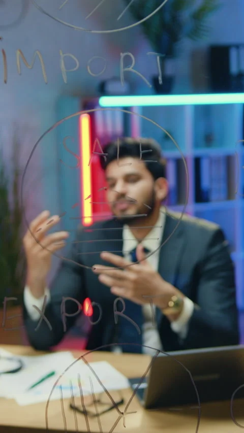 Camera shooting through glass board of likable confident purposeful experienced  Stock Footage 329313913