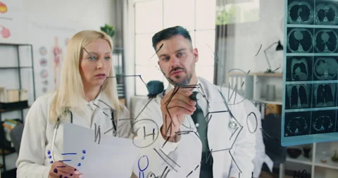 Camera shooting through glass wall on which handsome smart successful skilled Stock Footage 160349094