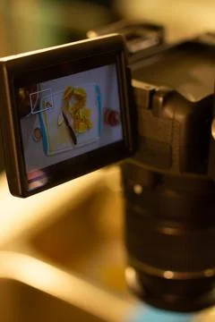 Camera shooting a top-down cooking video in a kitchen Stock Photos