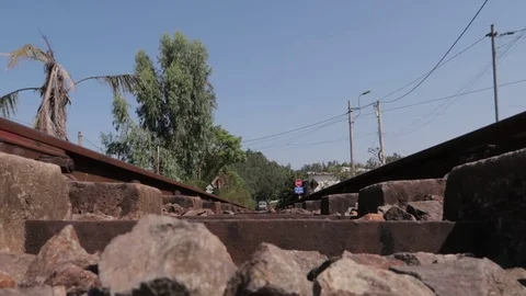 Camera shoots a railroad passing through the jungle Stock Footage 117440179