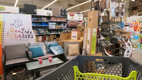 Camera on shopping cart through rows supermarket Stock Footage 204788087