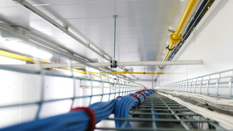 Camera shows blue electrical wires bunch over mining server 動画素材 93781355