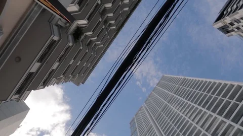 The camera shows the facade of hotels from the bottom up. Stock Footage 120538992