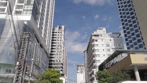 The camera shows the facade of hotels from the bottom up. Stock Footage 120539147