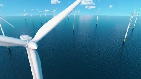 The camera shows a wind farm at close range. Stock Footage 253486658