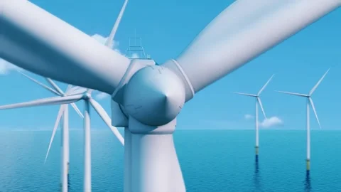 The camera shows a wind farm at close range. Stock Footage 253486668