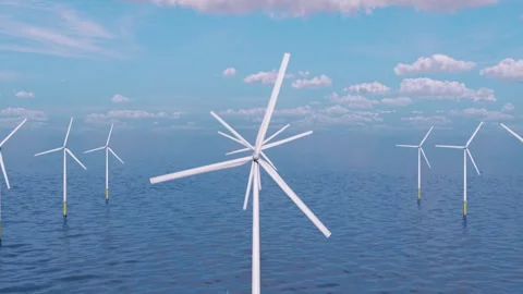 The camera shows a wind farm at close range. Stock Footage 253486684