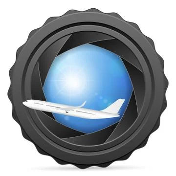 Camera shutter with airplane Stock Illustration
