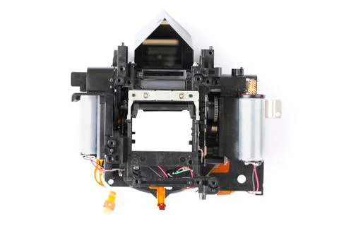 Camera shutter and mirror box parts isolated on white background Stock Photos