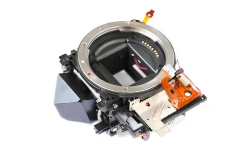 Camera shutter and mirror box parts isolated on white background Stock Photos