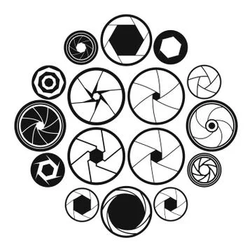 Camera shutter icons set, black simple style Stock Illustration