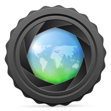 Camera shutter with world map Stock Illustration