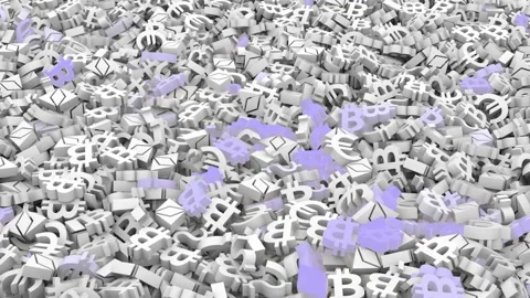 A camera siotrite on a surface littered with white bitcoin and currency symbols Video stock 165504065